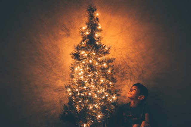 boy beside christmas tree